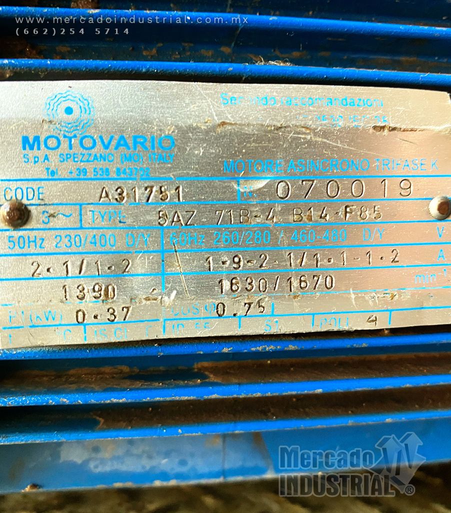 Motovariador 1/2 HP 1670 RPM marca Motovario