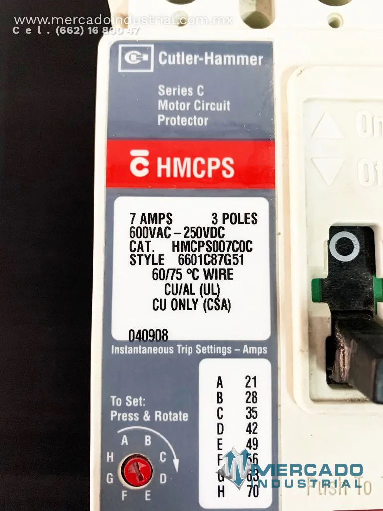 Interruptor 7 AMP 600 VAC 3 polos modelo HMCPS007C0C marca Cutler Hammer