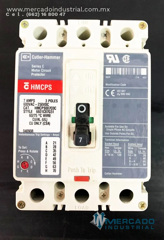 Interruptor 7 AMP 600 VAC 3 polos modelo HMCPS007C0C marca Cutler Hammer