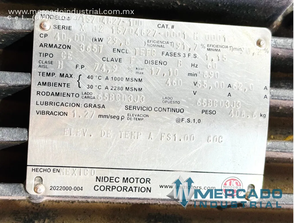 Motor eléctrico 40 HP 8 polos 890 RPM marca Us Motors