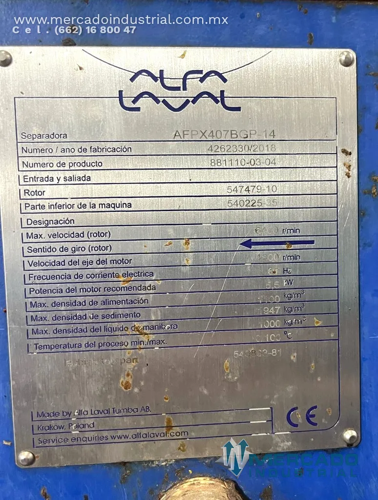 Purificadora centrífuga 5.5 kW tipo AFPX-407 marca Alfa Laval