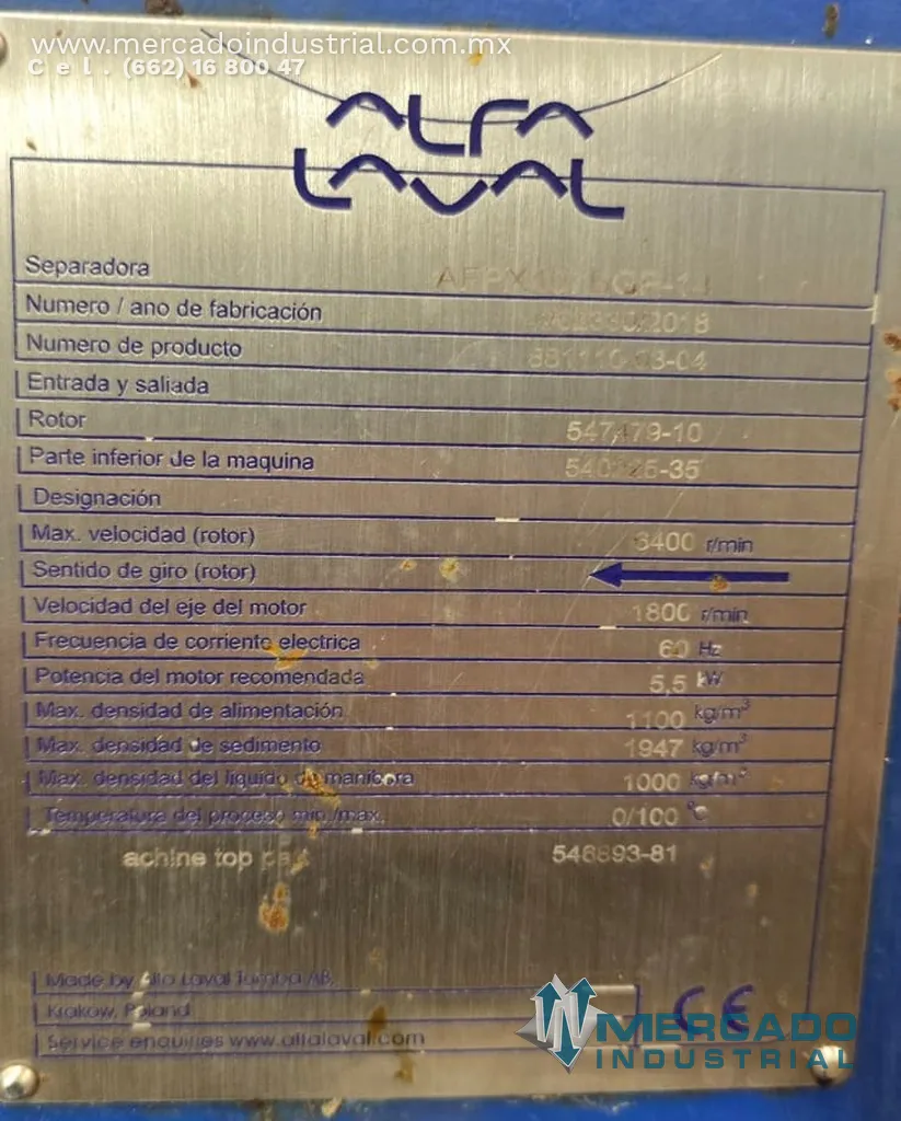 Purificadora centrífuga 5.5 kW tipo AFPX-407 marca Alfa Laval