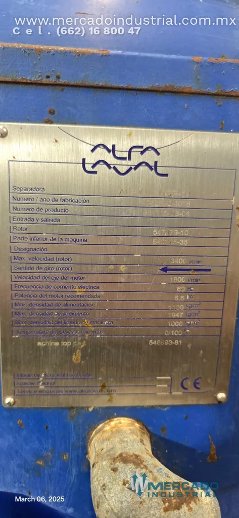 Purificadora centrífuga 5.5 kW tipo AFPX-407 marca Alfa Laval