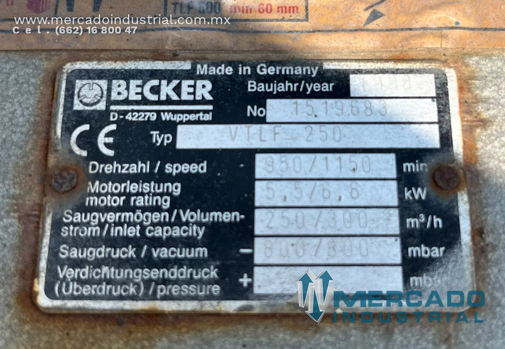 Bomba de vacío 9 HP 250/300 m3/h tipo VTLF 250 marca BECKER