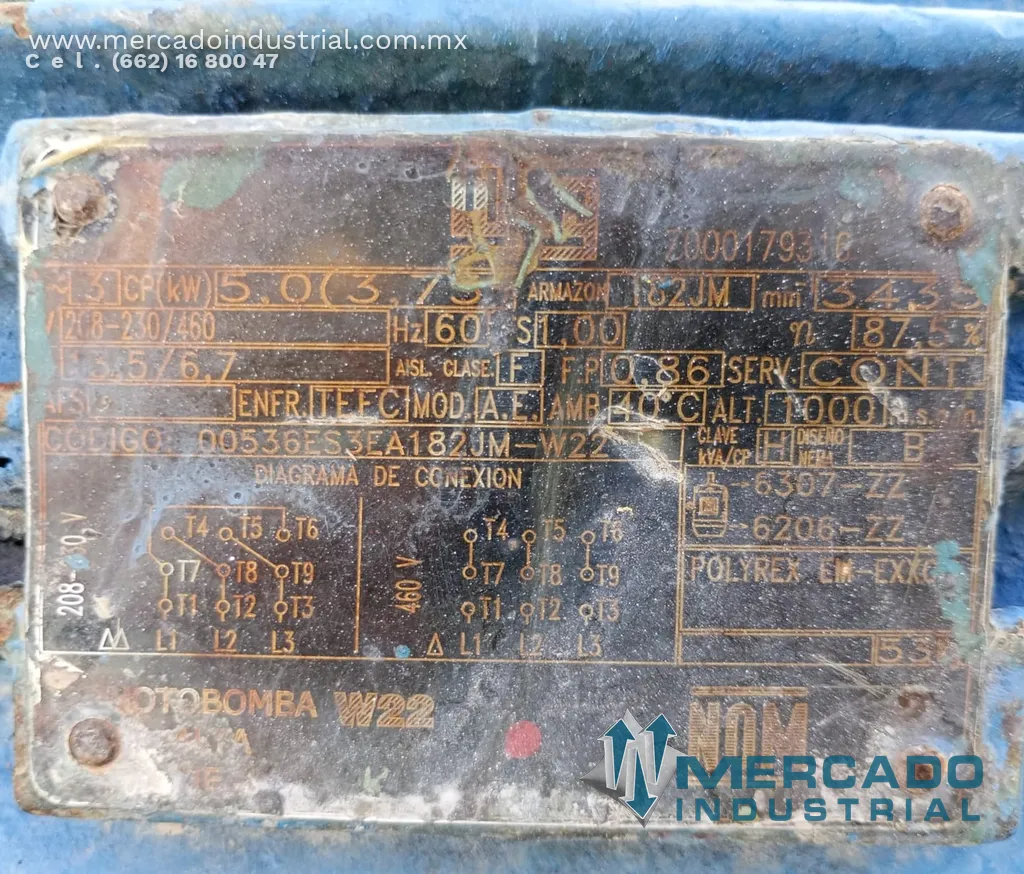 Motor eléctrico 5 HP 2 polos 3435 RPM marca WEG