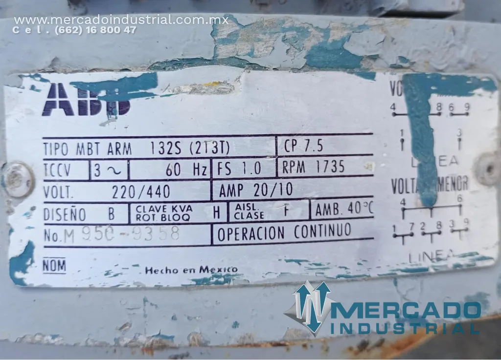 Motor eléctrico 7.5 HP 4 polos 1735 RPM marca ABB