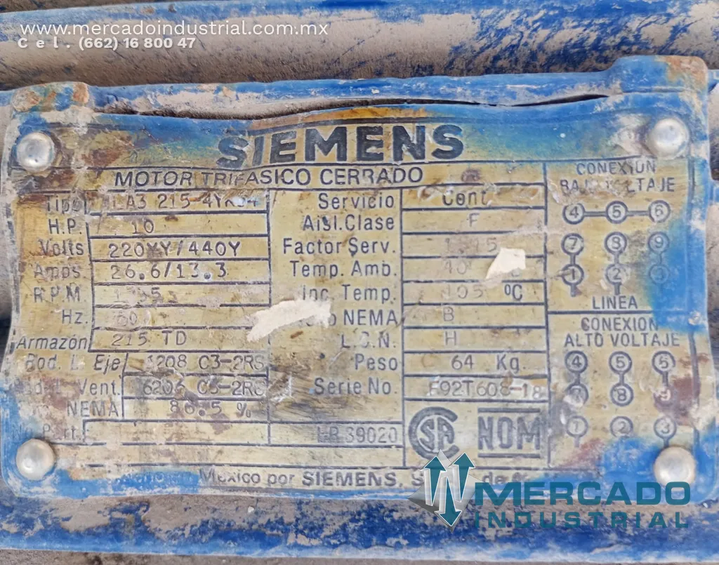 Motor eléctrico 10 HP 4 polos 1735 RPM marca Siemens