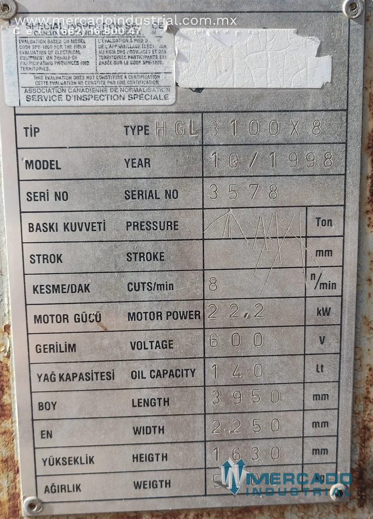 Guillotina industrial 600V 30 HP modelo H GL 3100X8
