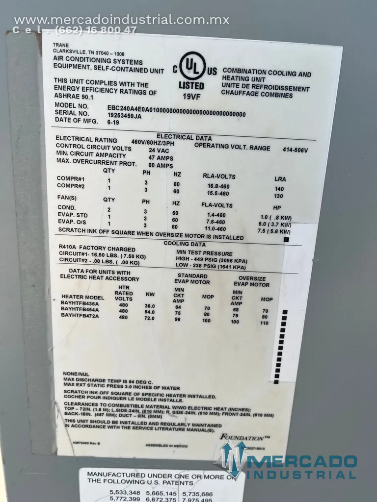 Aire acondicionado de 15 TON marca TRANE