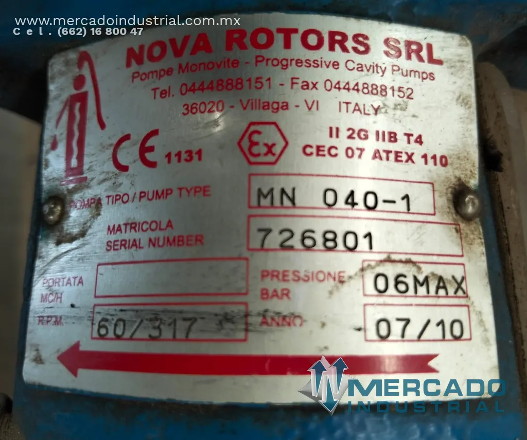Bomba de cavidad progresiva de 2 1/2" X 2 1/2" con motor 3 HP marca NOVA ROTORS