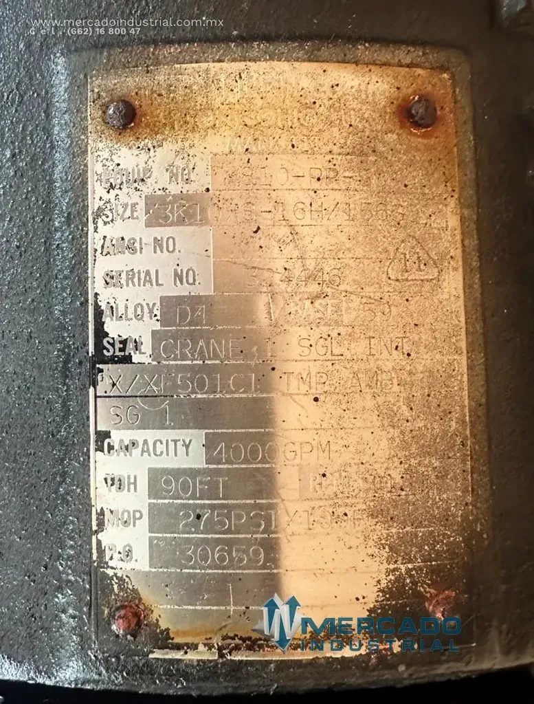 Bomba centrífuga 10x8" 4000 GPM de acero inoxidable tipo 3K10X8-16H/156S0 marca DURCO