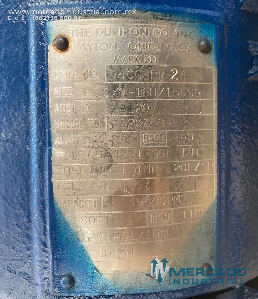 Bomba centrífuga 10x8" 4550 GPM de acero inoxidable tipo 3K10X8-16H/156S0 marca DURCO