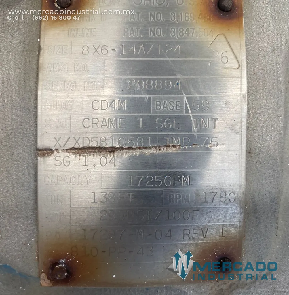 Bomba centrífuga 8x6" 1725 GPM de acero inoxidable tipo 8X6-14A/124 marca DURCO
