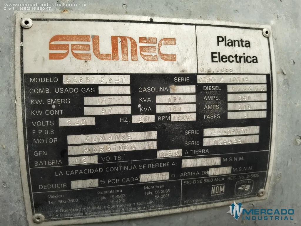 Generador de planta eléctrica de 134 KVA modelo SC6BT5.9-1 marca SELMEC