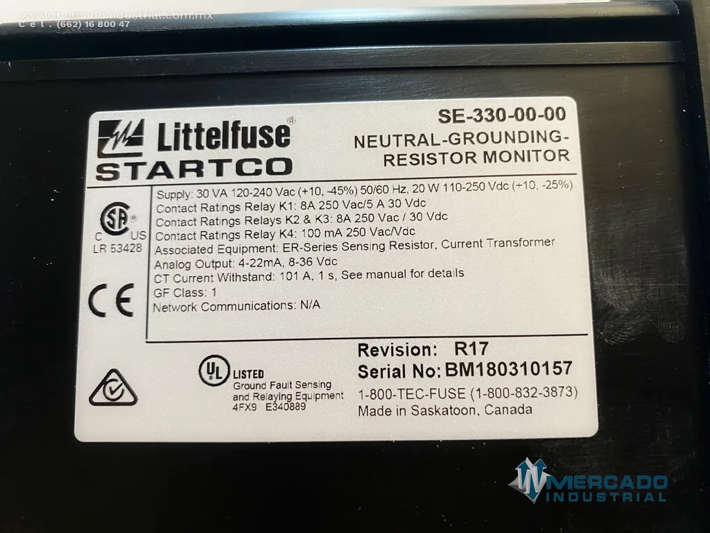 Monitor de resistencia a tierra neutral 20W 4A 400 VAC parte SE-330-00-00 marca Startco