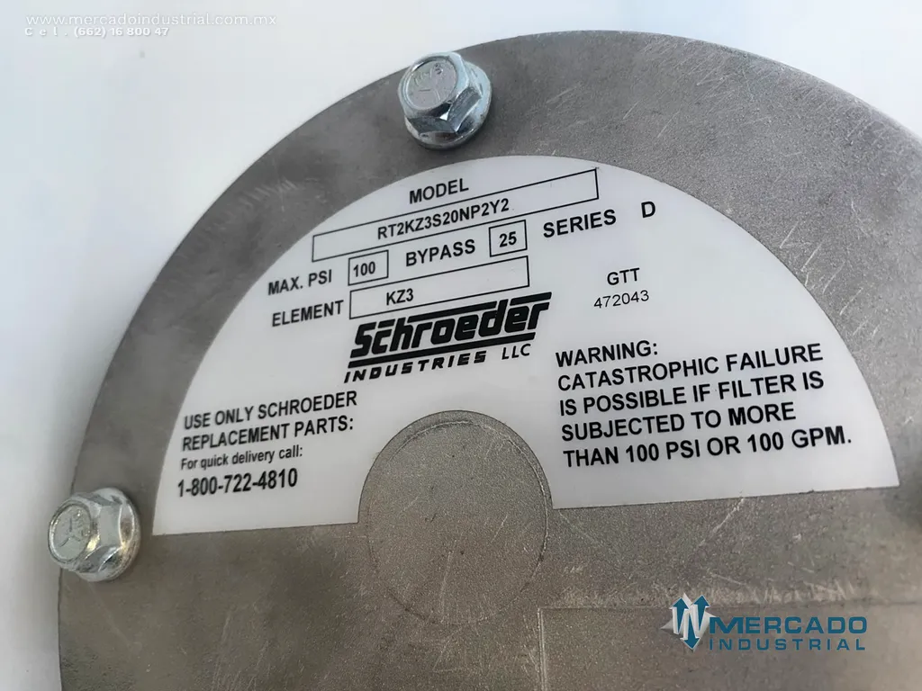Filtro hidráulico con manometro 100 PSI modelo RT2KZ3S20NP2Y2 marca Schroeder