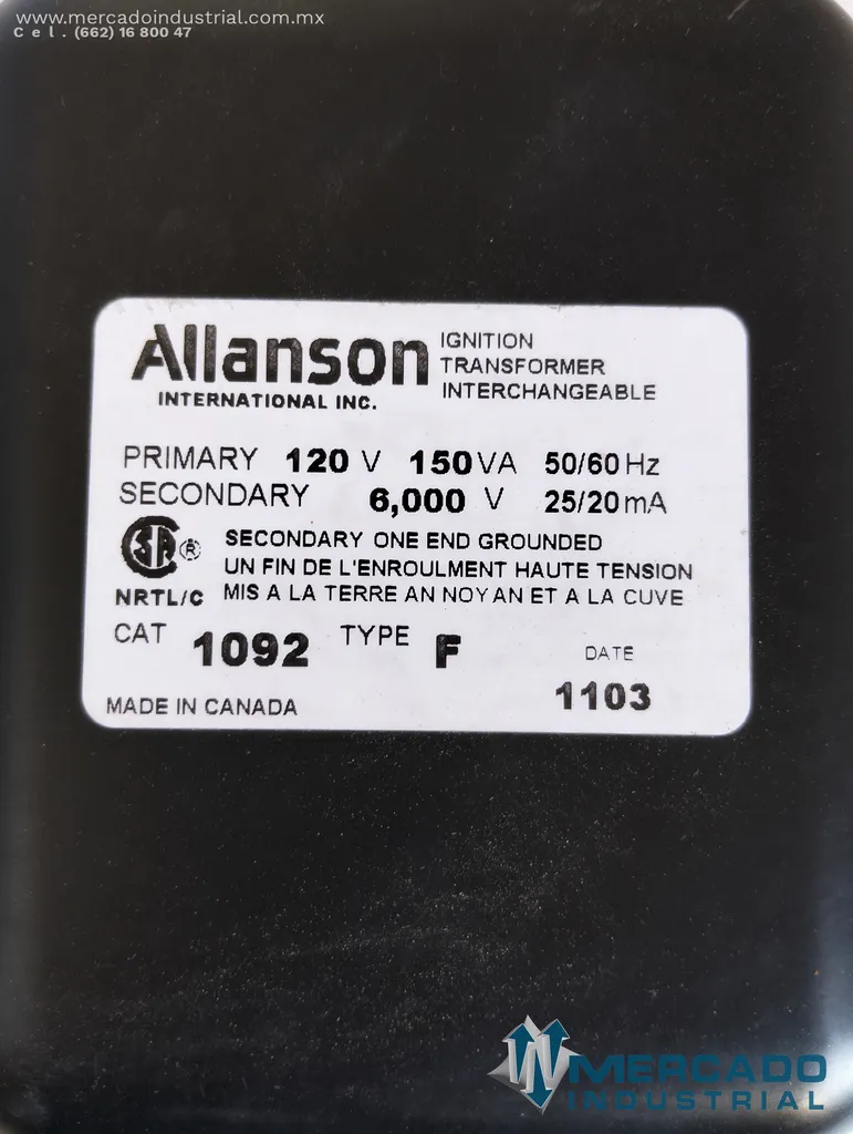 Transformador de ignición 120VAC/6000V parte 1092-F marca Allanson