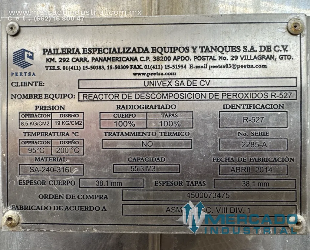 Tanque vertical de 55.3 m³ de acero inoxidable 316L