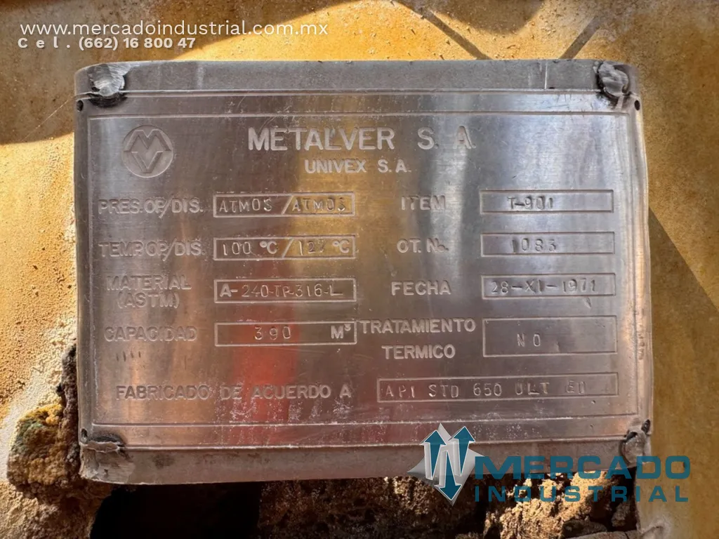 Tanque vertical de 390 m³ de acero inoxidable 316L