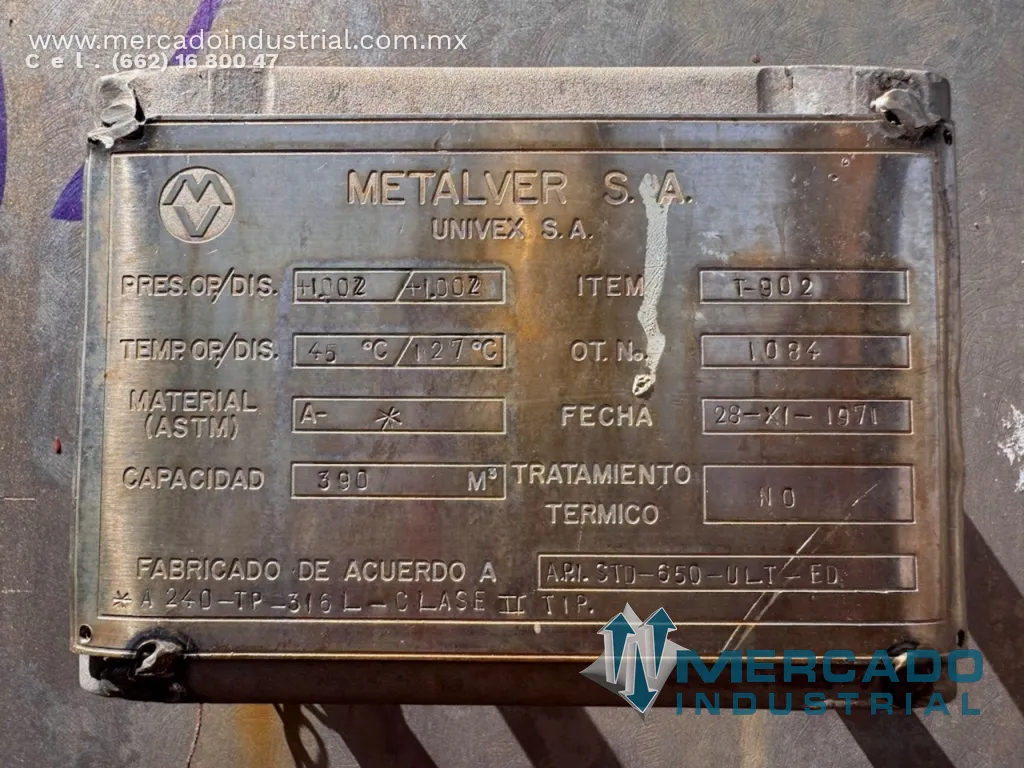 Tanque vertical de 390 m³ de acero inoxidable 316L