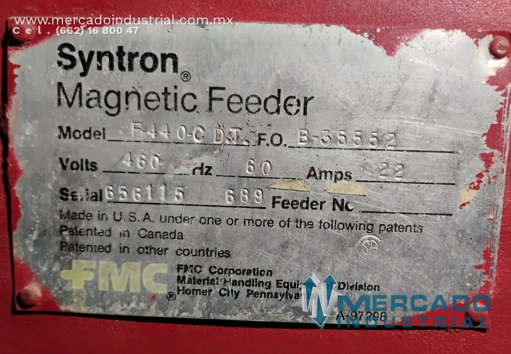 Alimentador magnético vibratorio 17 x 66" modelo F-44 0-C D.T. marca SYNTRON