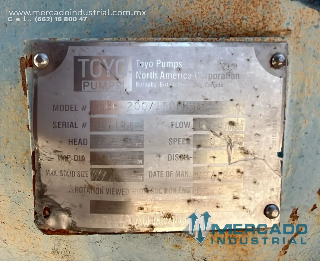 Bomba centrífuga 8x6 modelo DBH 200/150 marca TOYO