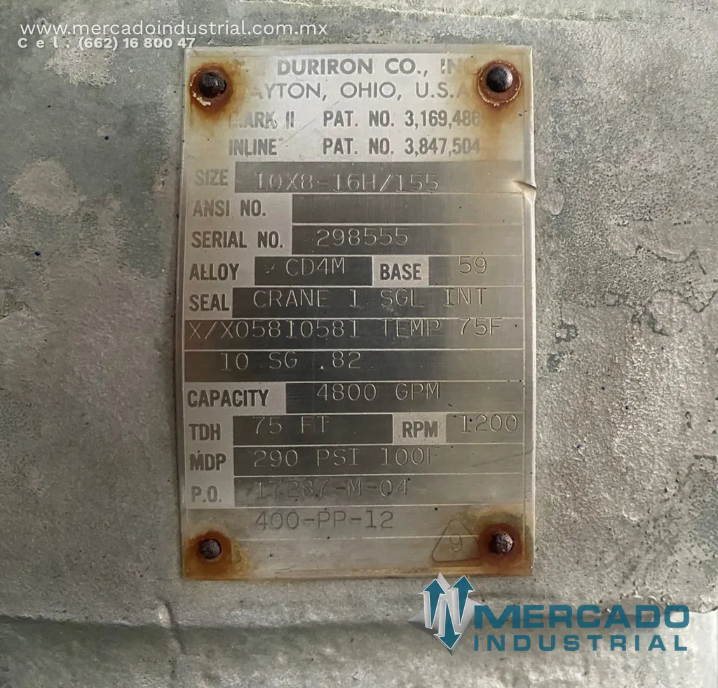 Bomba centrífuga 10x8" 4800 GPM de acero inoxidable tipo 10X8-16H/155 marca DURCO