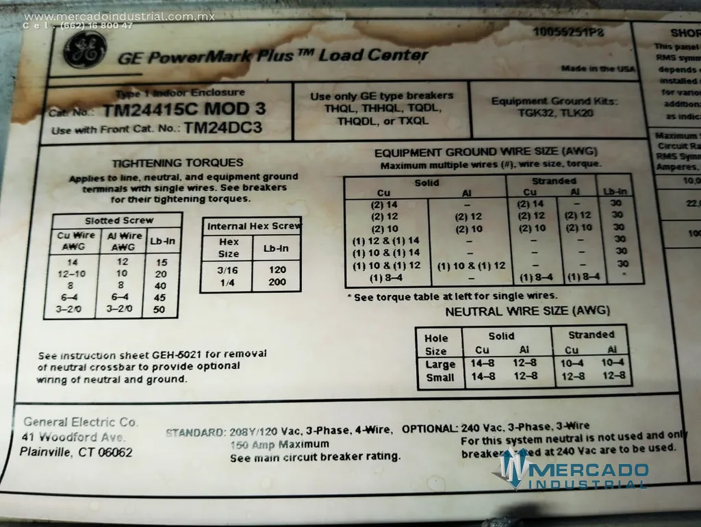 Centro de carga de 24 circuitos 150AMP de 26X85X10 cm modelo TM244115C MOD 3 marca GE