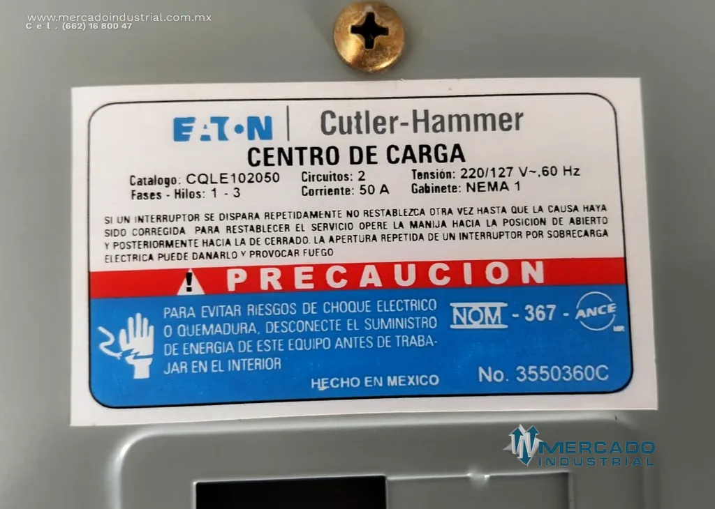 Centro de carga modelo CQLE102050 para gabinete nema 1-2 polos 50 A 127/220  V marca EATON