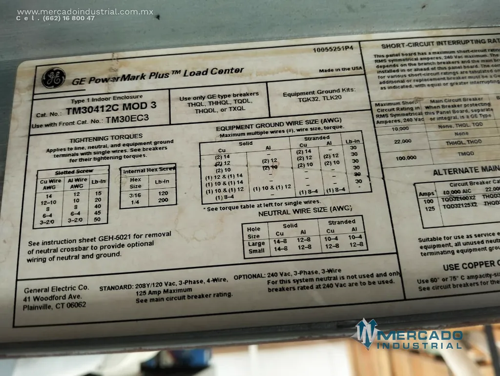 Centro de carga de 30 circuitos 125AMP de 26X85x10 cm modelo TM304112C MOD 3 marca GE