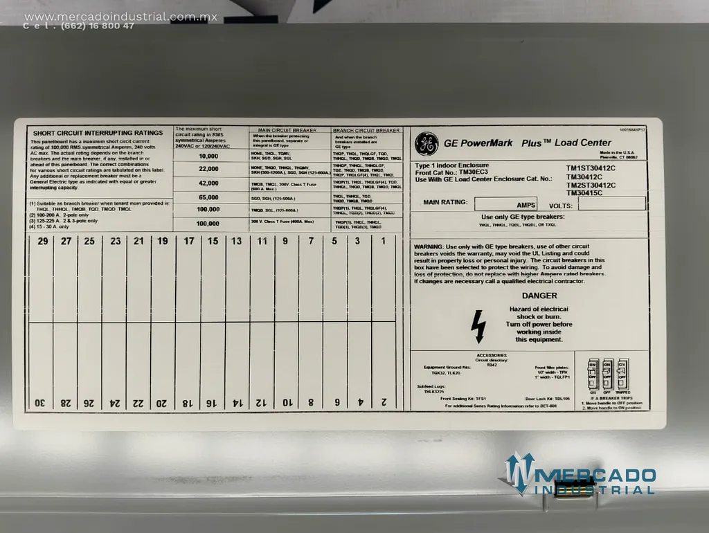 Centro de carga de 30 circuitos 125AMP de 26X85x10 cm modelo TM304112C MOD 3 marca GE