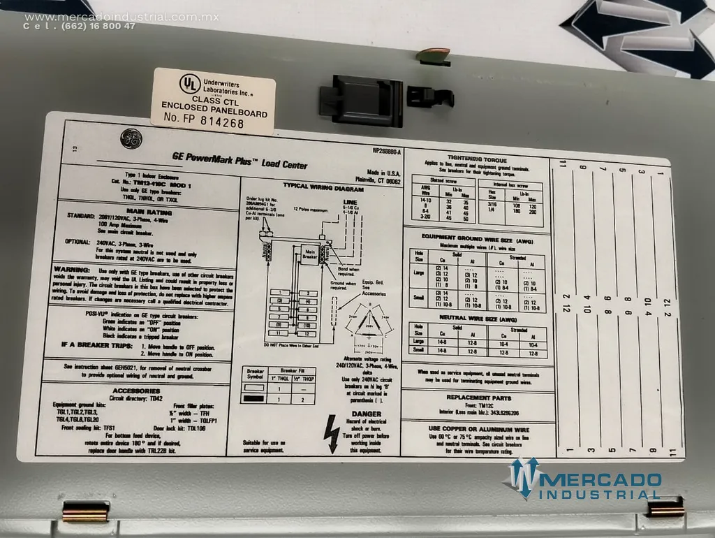 Centro de carga de 12 circuitos 100AMP de 36X59x10 cm modelo TM124110C MOD 1 marca GE