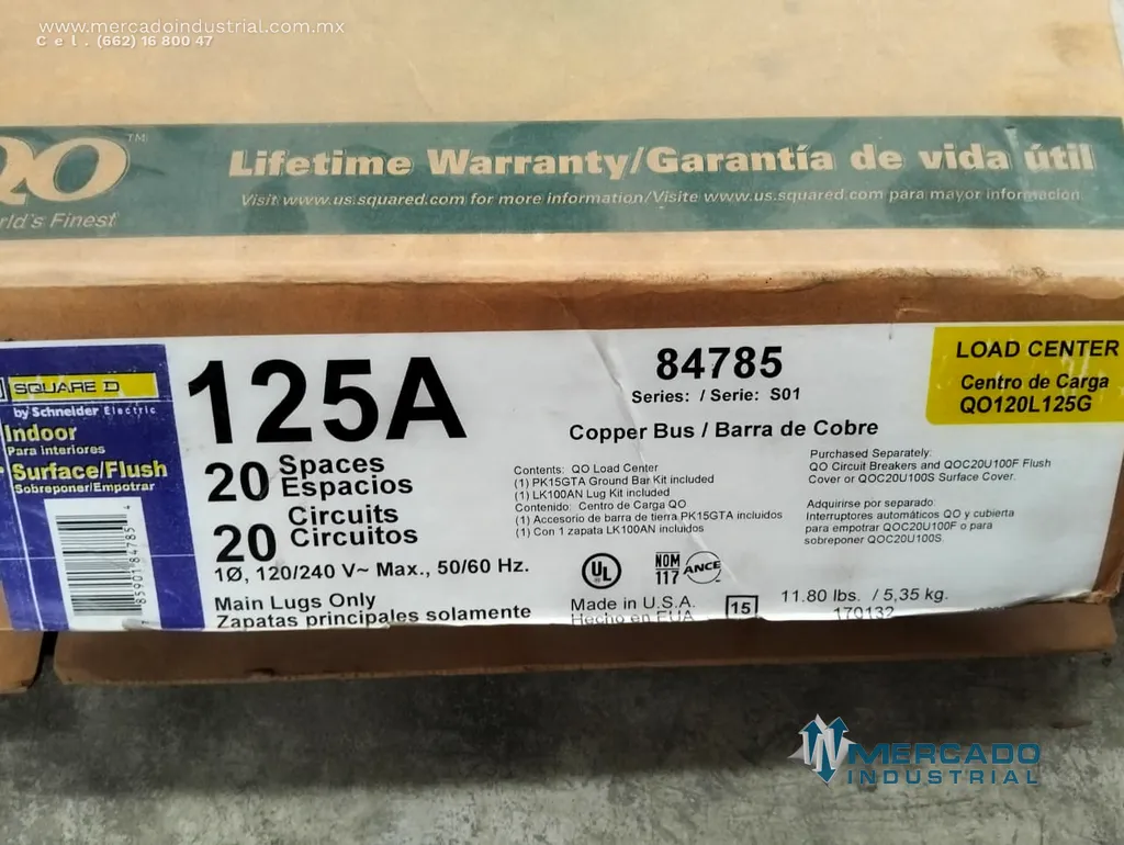 Centro de carga de 20 circuitos 125A 120/240 V modelo QO120L125G marca SQUARE D