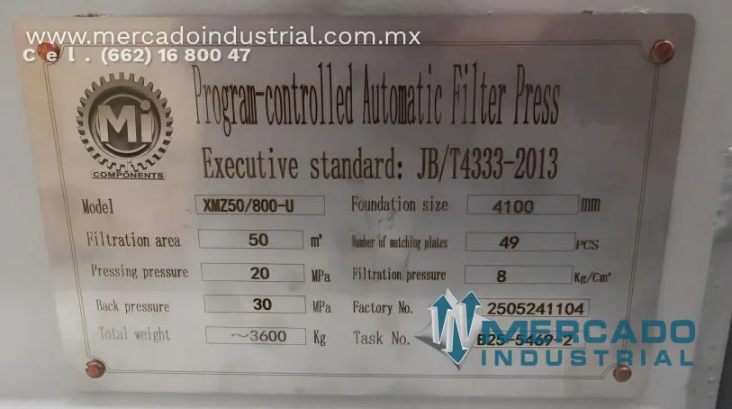 Filtro prensa de 49 placas modelo XMZ50/800-U marca MI COMPONENTS