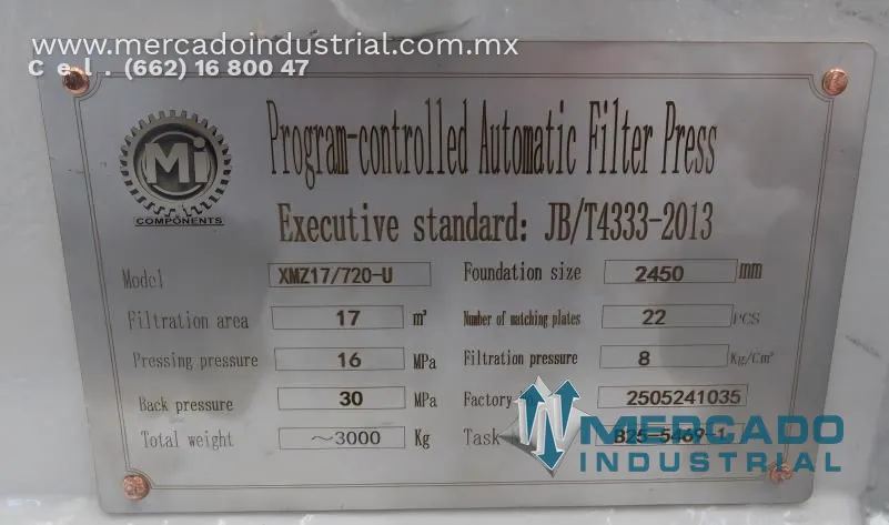 Filtro prensa 22 placas modelo XMZ17/720-U marca MI COMPONENTS