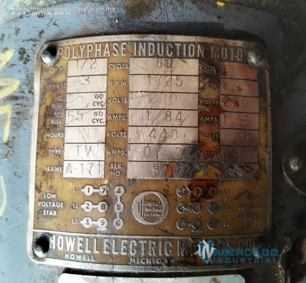 Motor eléctrico de inducción 0.5 HP 4 polos marca Howell Electric