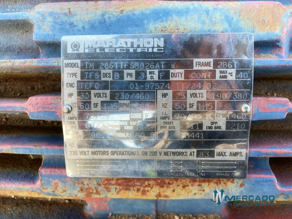 Motor eléctrico trifásico 30 HP 4 polos 1760 RPM  marca Marathon