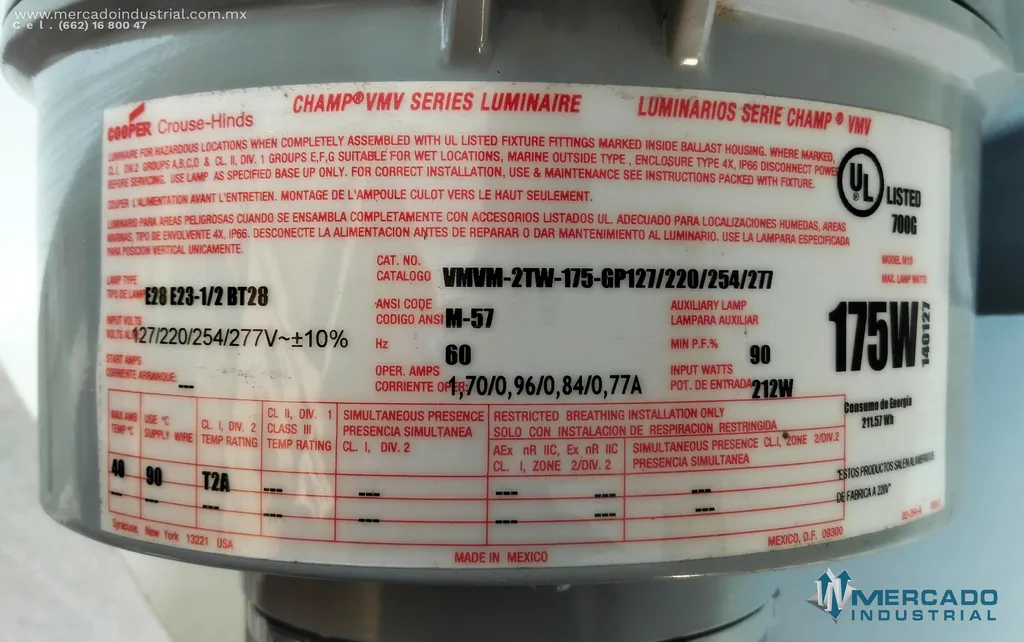 Lámpara para áreas industriales 175 watts 277 V  modelo VMV series 50 marca Cooper Crouse Hinds