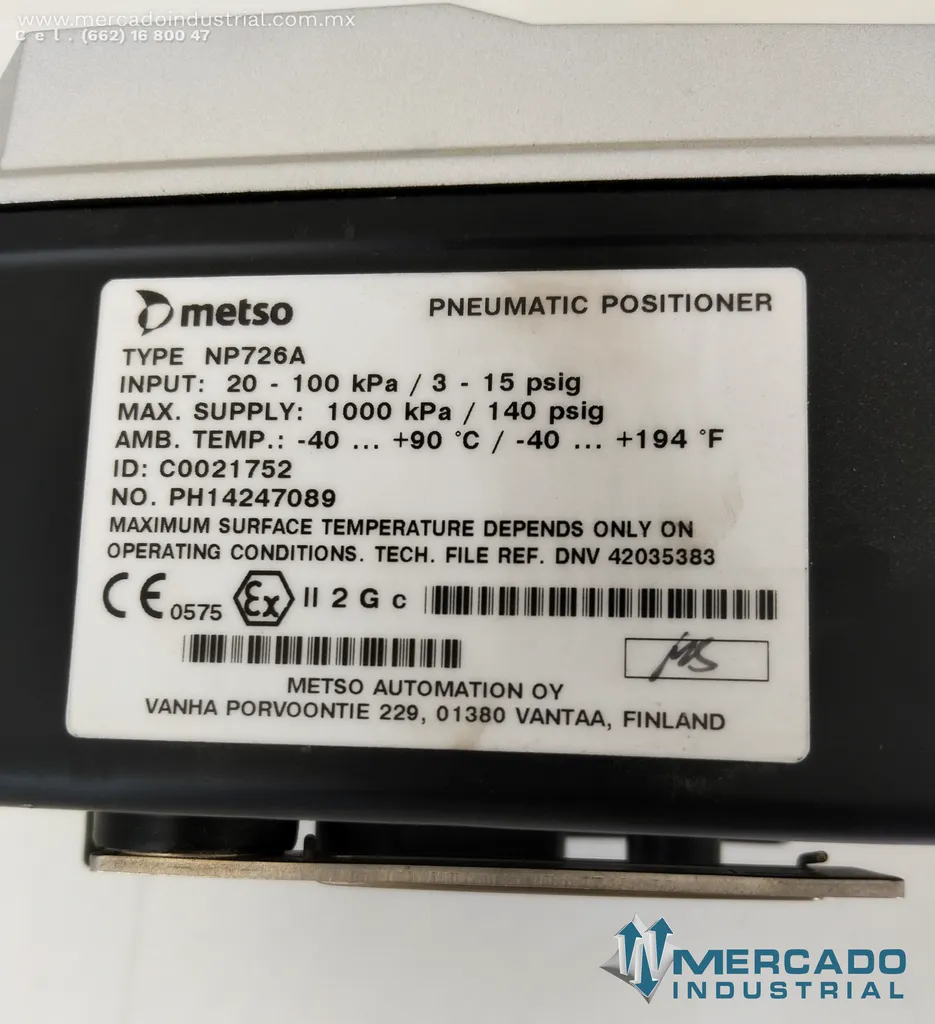 Posicionador neumático 1000 kPa / 140 psig modelo NP726A marca Metso