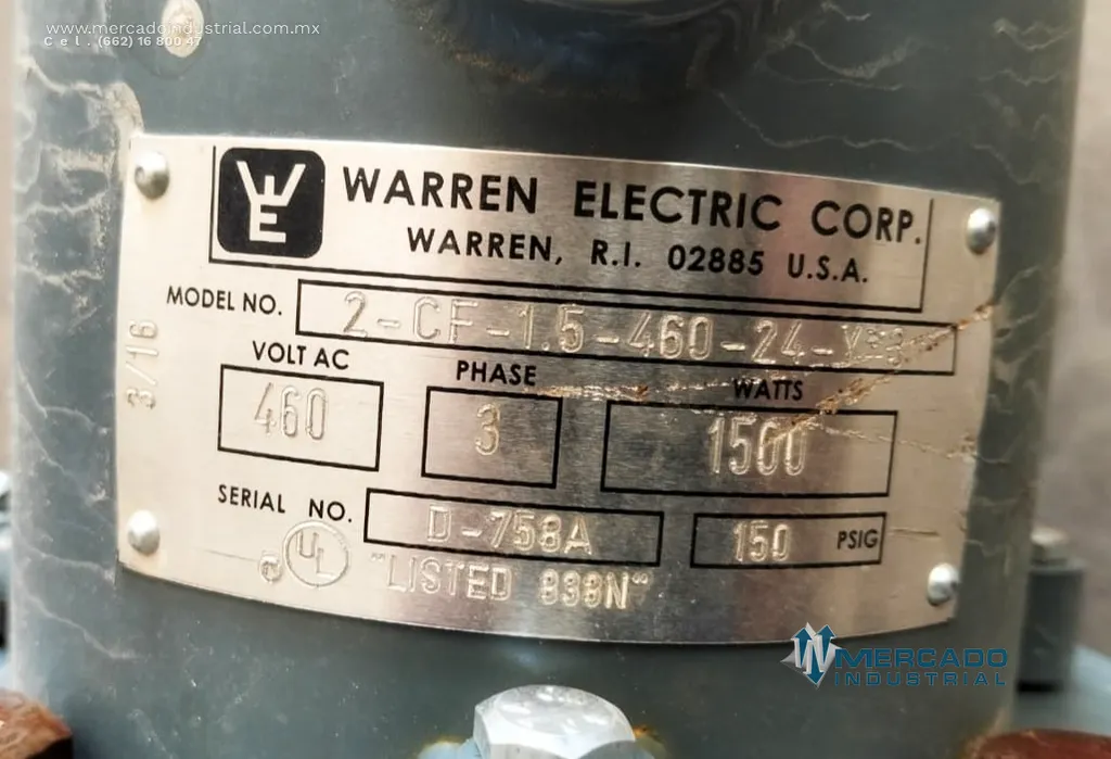Intercambiador de calor 150 PSIG 1500 Wtts modelo 2-CF-1.5-460-24-Y*3 marca Warren Electric