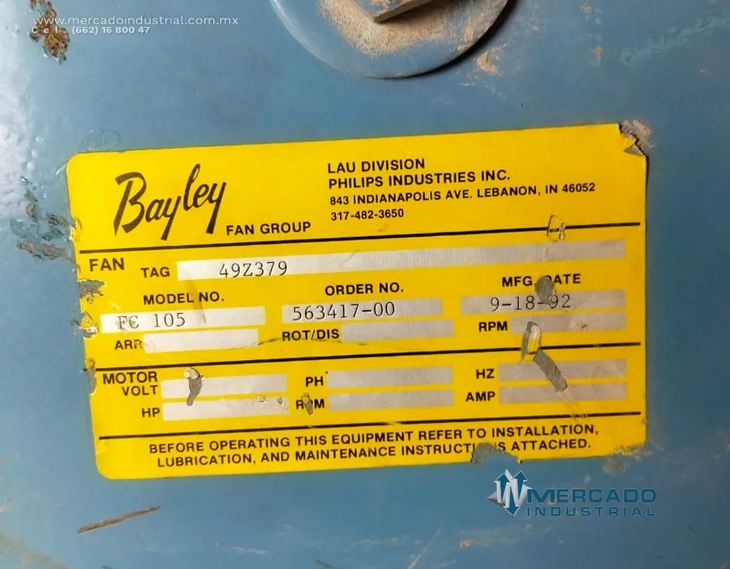 Ventilador centrífugo industrial modelo FC 105 marca Bayley