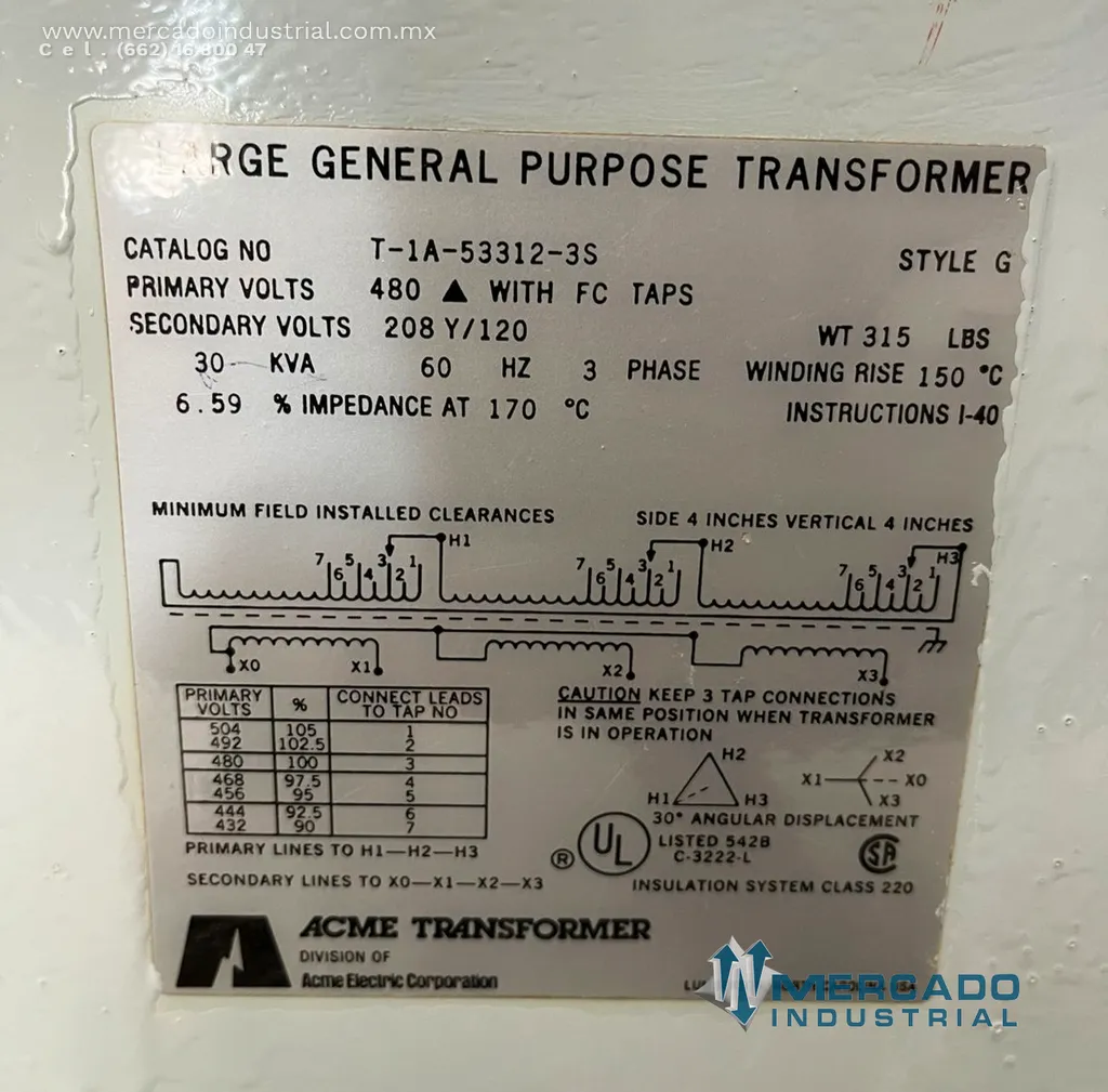 Transformador seco 30 KVA 480-208Y/120V modelo T-1A-53312-3S marca ACME