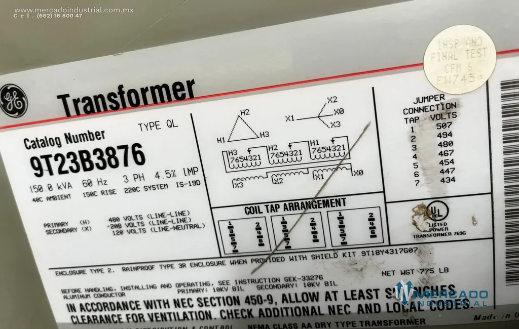 Transformador seco 150.0 KVA 400-208/120V modelo 9T23B3876 marca GENERAL ELECTRIC