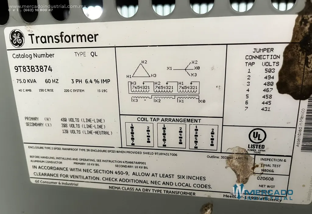 Transformador seco 75.0 KVA 480-208/120V modelo 9T83B3874 marca GENERAL ELECTRIC