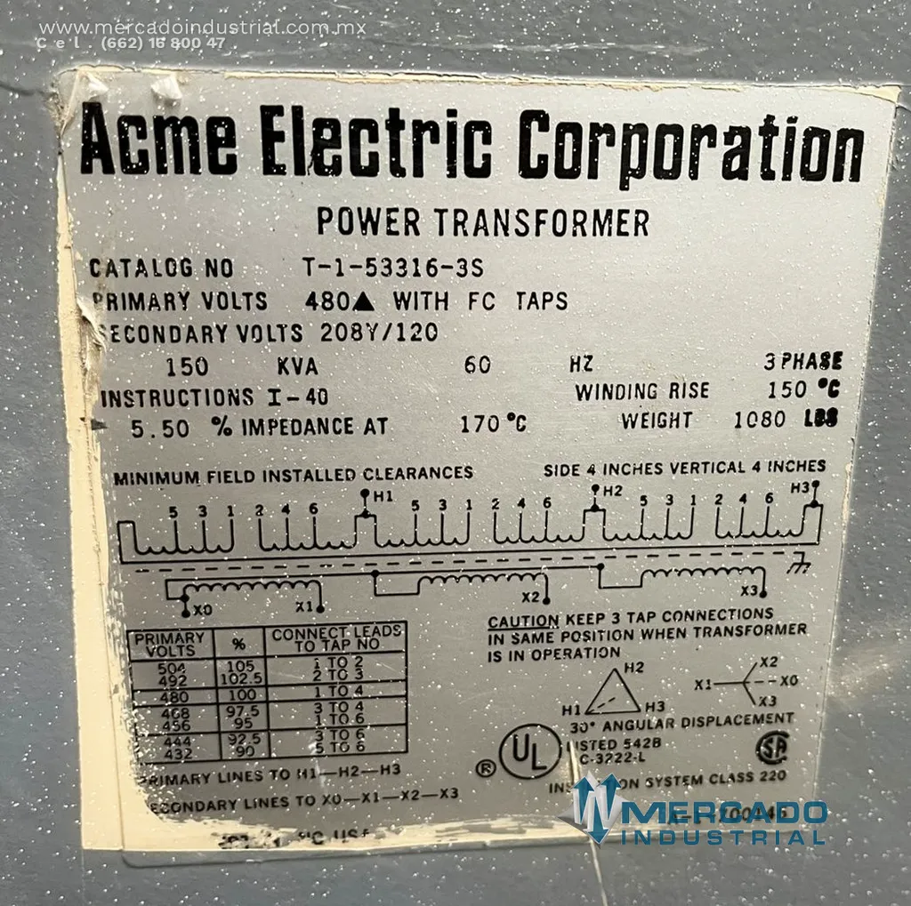 Transformador seco 150 KVA 480-208Y/120V modelo T-1-53316-3S marca ACME