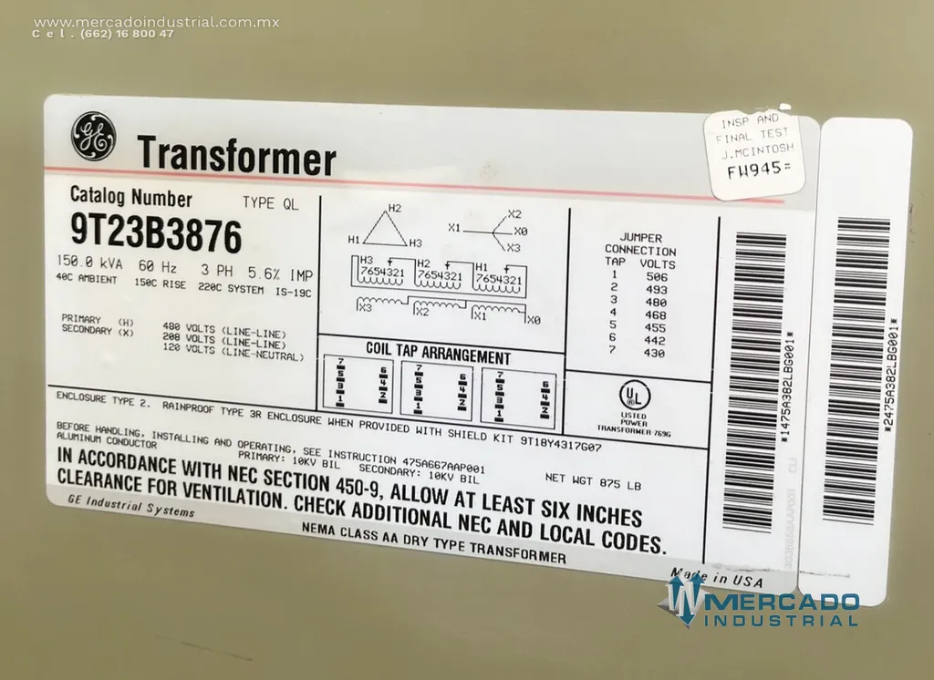 Transformador seco 150.0 KVA 480-208/120V modelo 9T23B3876 marca GENERAL ELECTRIC