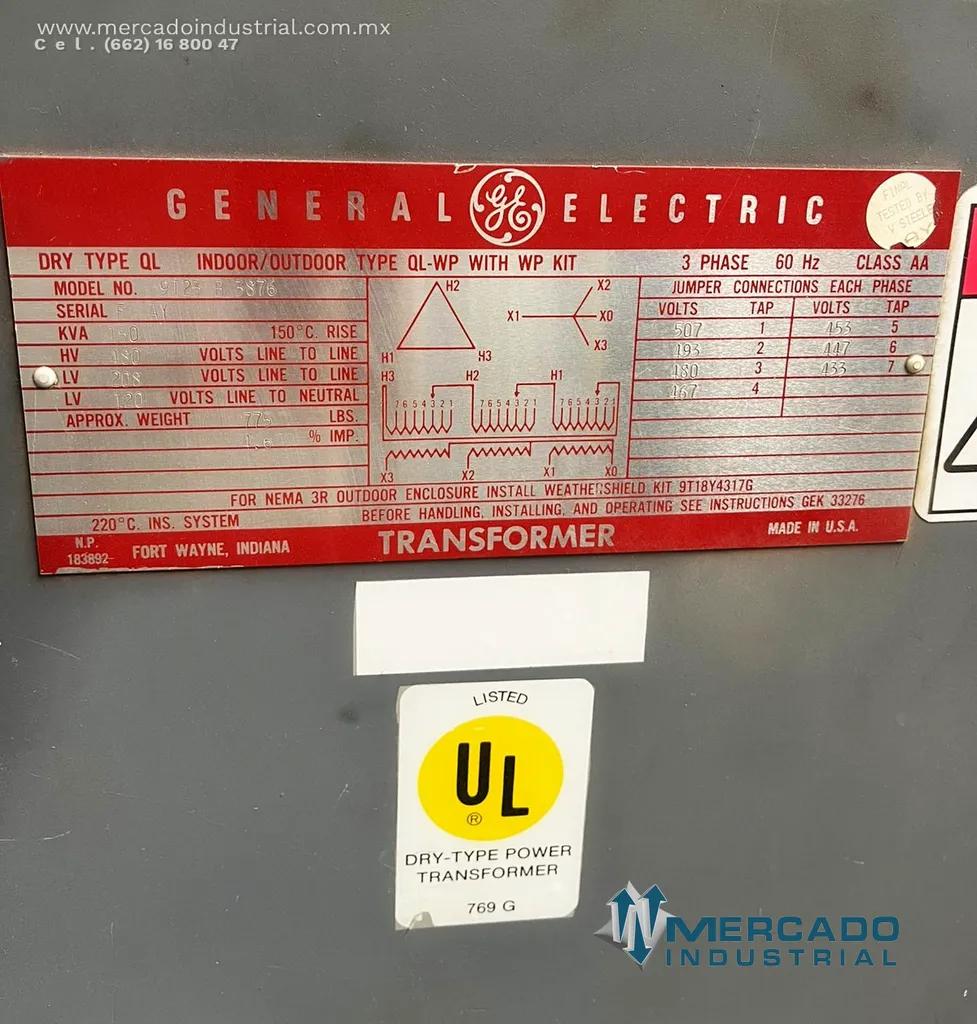 Transformador seco 150 KVA 480-208/120V modelo 9T23B3876 marca GENERAL ELECTRIC