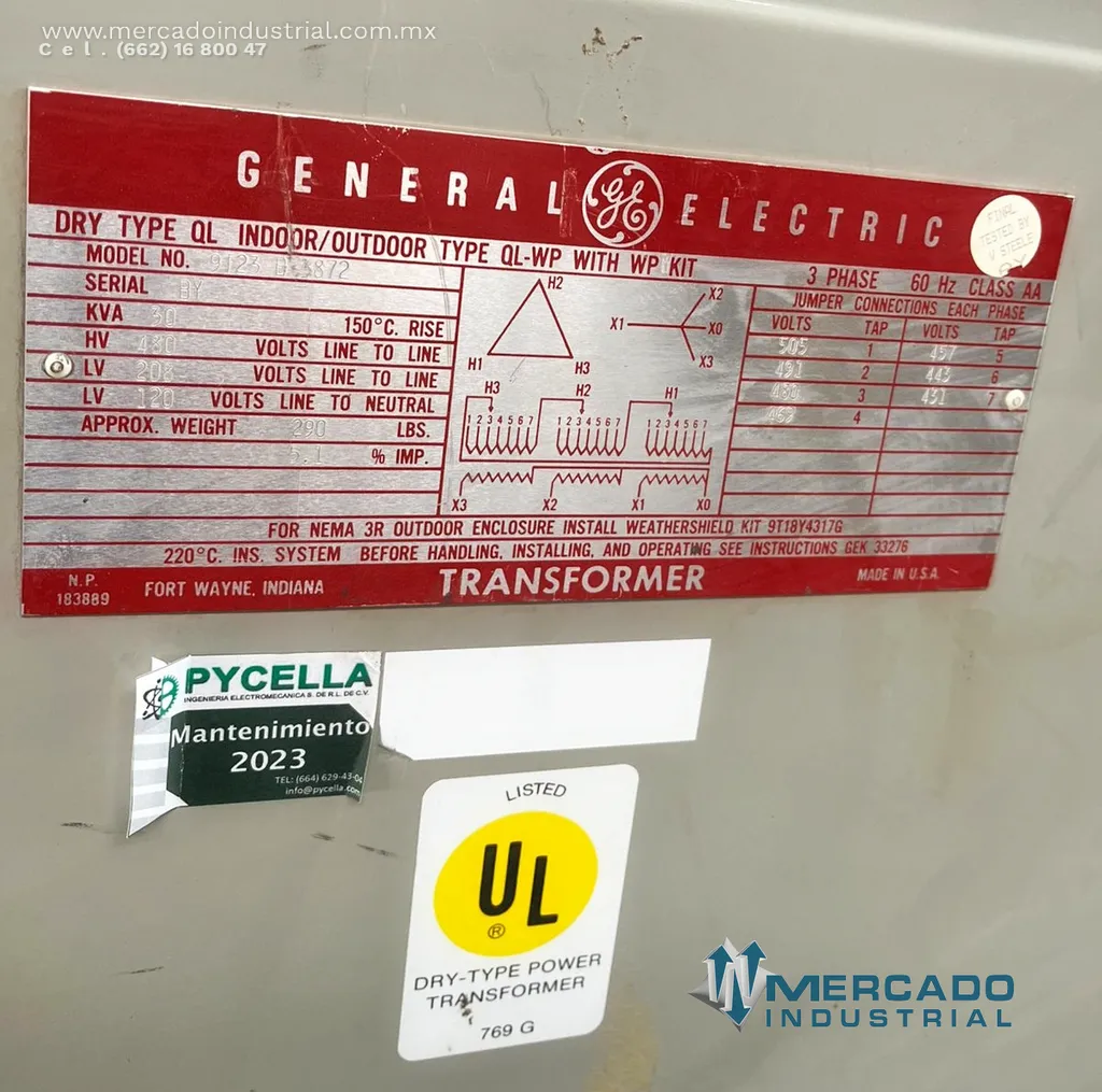 Transformador seco 30 KVA 480-208/120V modelo 9T23B3872 marca GENERAL ELECTRIC