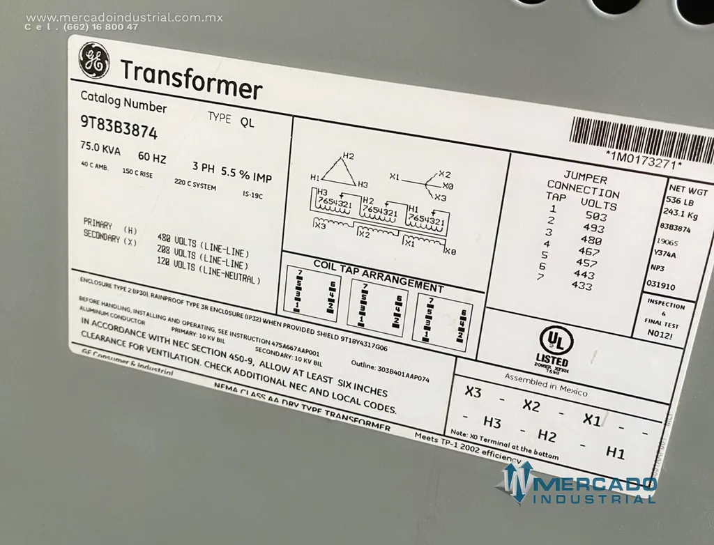 Transformador seco 75.0 KVA 480-208/120V modelo 9T83B3874 marca GENERAL ELECTRIC