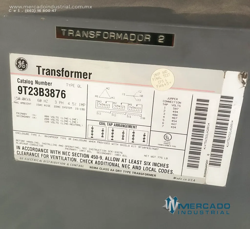 Transformador seco 150.0 KVA 480-208/120V modelo 9T23B3876 marca GENERAL ELECTRIC